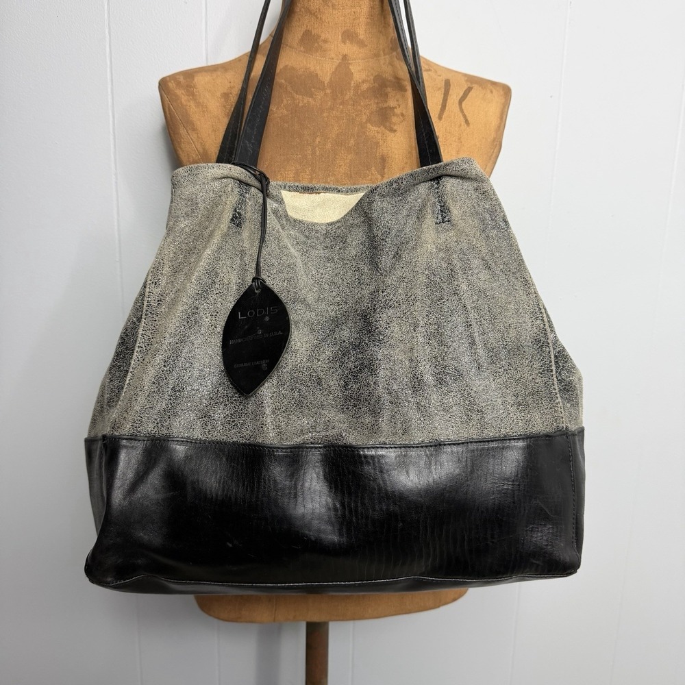 Lodis Hobo Bag Distressed Look Leather Black Gray Shoulder Tote Large